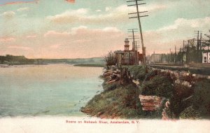 Vintage Postcard 1908 Scene On Mohawk River Amsterdam Cliff Building New York NY