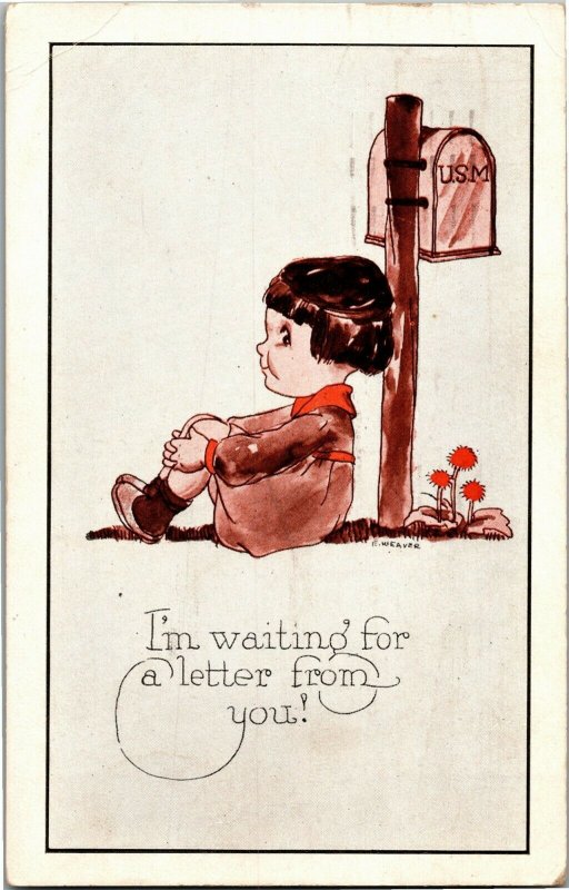 Girl at Mailbox Waiting for Letter Artist E Weaver c1923 Vintage Postcard A30