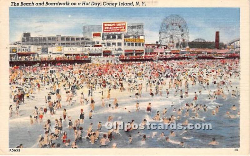 Beach and Boardwalk on a hot day Coney Island, NY, USA Amusement Park 1955 