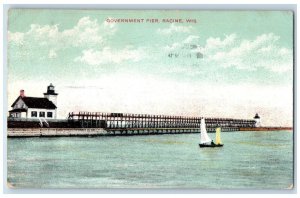 1908 Government Pier Sail Boat Lake Racine Wisconsin WI Vintage Antique Postcard