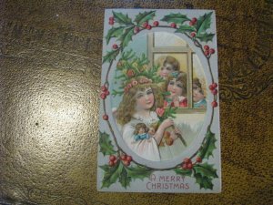 Antique Christmas Postcard 322 Children Peaking Out WIndow Angel Dolls Tree