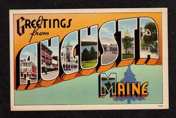 ME Greetings AUGUSTA MAINE Large Letter Postcard Linen