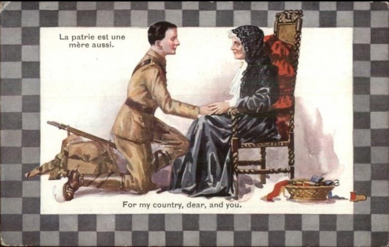 WWI British Soldier Bent Knee w/ Mother FOR MY COUNTRY c1915 Postcard jrf