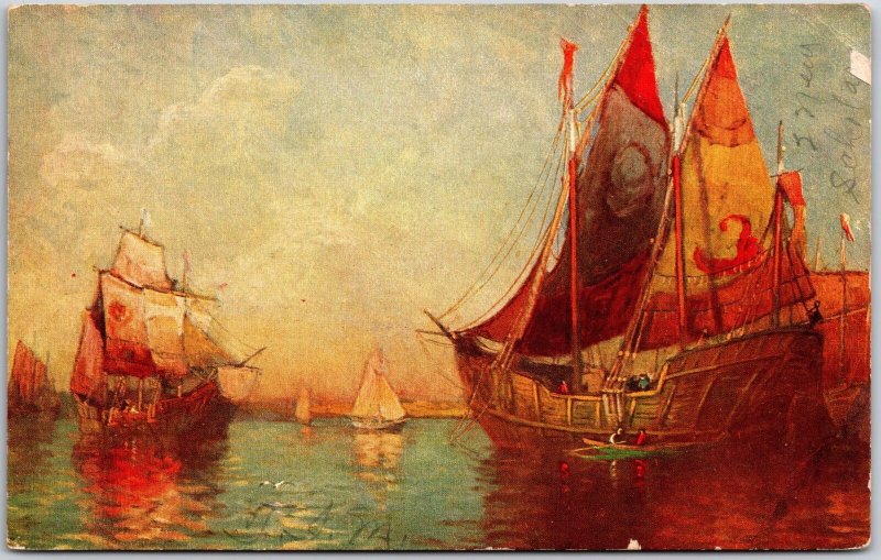 1907 Boats And Ships Ocean Scene Adventure Painting Workart Posted Postcard