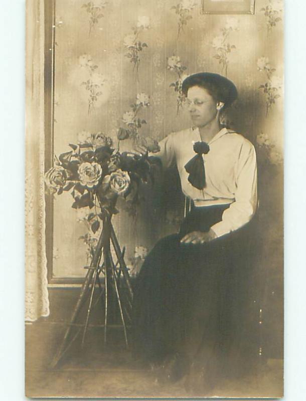 circa 1910 rppc MOUSY LOOKING WOMAN IN GLASSES WITH ROSE FLOWERS o2706