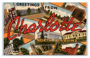 Large Letter Linen CHARLOTTE North Carolina NC c.1940s Tichnor Postcard