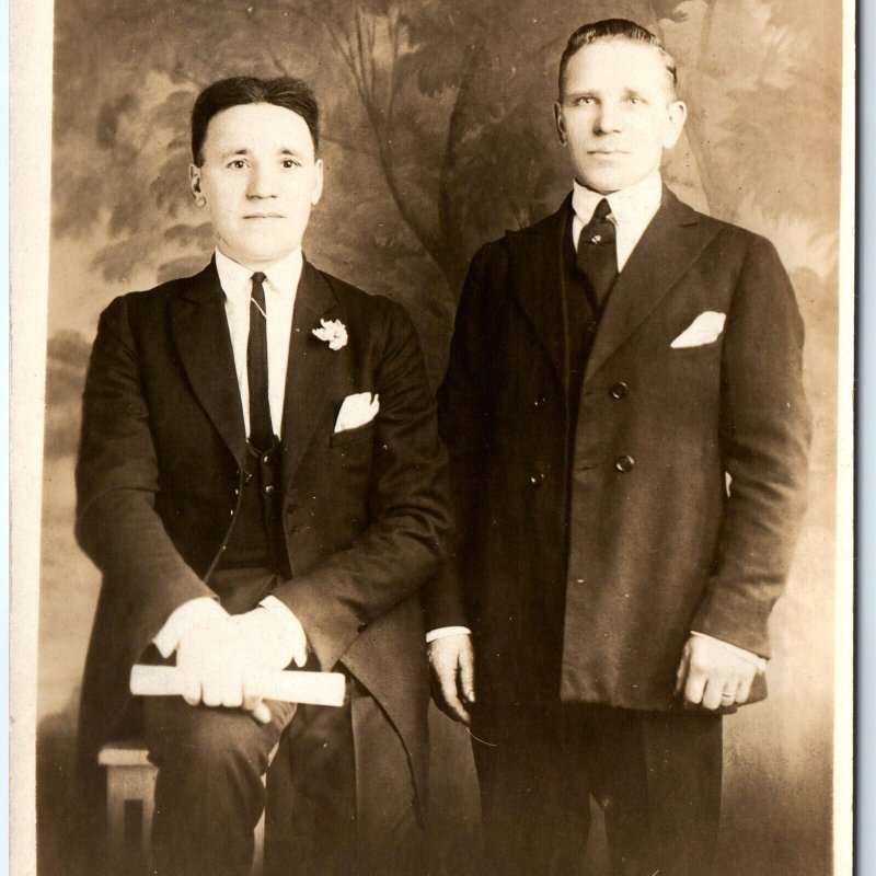c1930s 2 Handsome Young Men Gentlemen RPPC Real Photo Postcard Graduate? A140