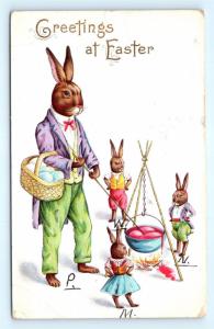 Postcard Greetings at Easter Dressed Rabbits Coloring Eggs Fantasy 1915 I5