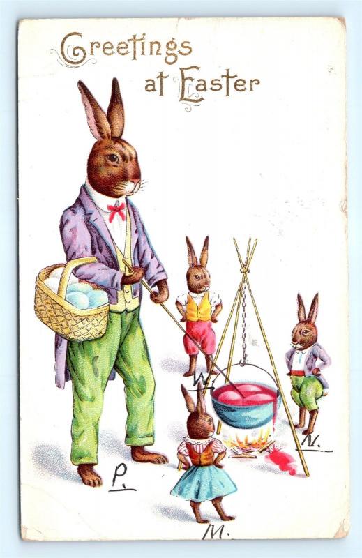 Postcard Greetings at Easter Dressed Rabbits Coloring Eggs Fantasy 1915 I5