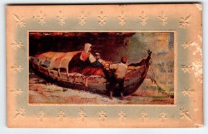 Ship Boat Postcard 1912 Print Applied To Front Embossed Borders Rustic People