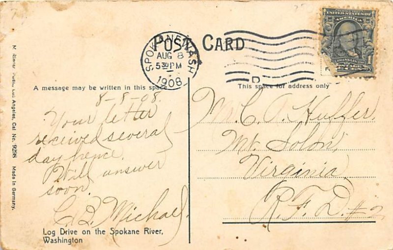 Log Drive Spokane River, Washington, USA 1908 