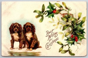 Christmas~Pair of Brown Cocker Spaniel Puppies~Holly Mistletoe~Embossed Germany