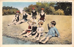 Bay City Michigan Sun Bathing Scene At Saginaw Bay, White Border Postcard U8290