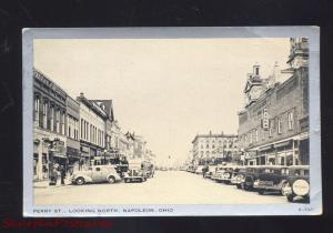 NAPOLEON OHIO DOWNTOWN PERRY STREET SCENE 1930's CARS VINTAGE POSTCARD