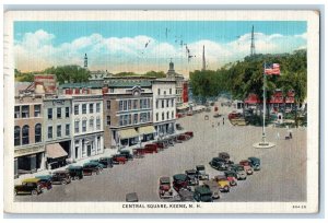 1937 Central Square Flag Pole Vintage Cars Keene New Hampshire Antique Postcard