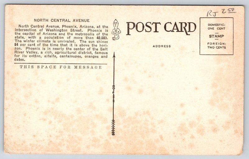 Phoenix Arizona~Central Ave View~Automobile~Flag~Church Steeple~1920s Postcard