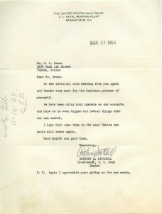 Letter From United States Navy Band Lieutenant Anthony A. Mitchell Leader 1963