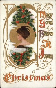 Christmas Beautiful Woman Full Moon Art Deco Gilt Border c1910 Postcard