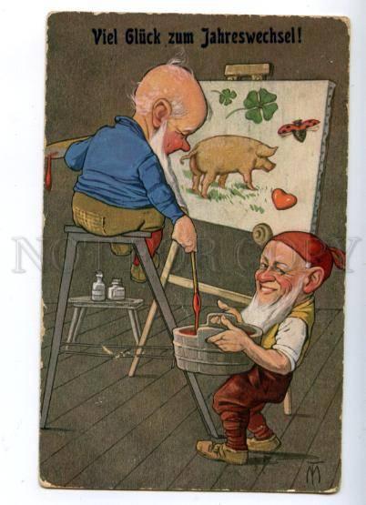 159497 New Year GNOME Painters PIG by MT Vintage TSN color PC