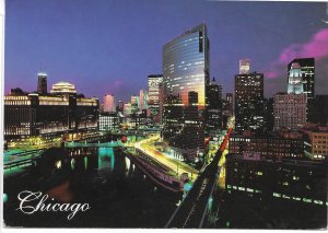 US Chicago, Illinois. Chicago River and night lights.  used , mailed 1988.