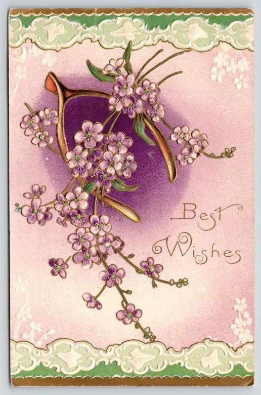 Vintage Victorian Flowers~Violets Surround Wishbone~Green Lace Border~Postcard 