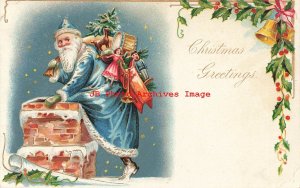 Christmas, Tuck No TCK01-2, Blue Robe Santa with Sack of Toys Going Down Chimney