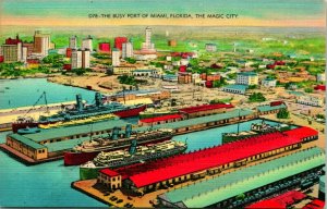 Vtg Linen Postcard - The Busy Port of Miami Florida, The Magic City UNP