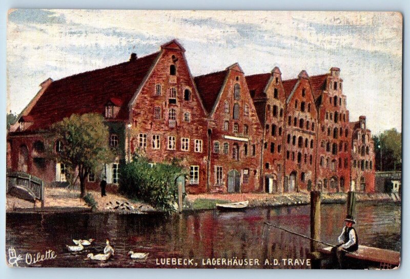 1910 Tuck Oilette Vintage Postcard Luebeck Lagerhauser Trave Wide World No. 7080