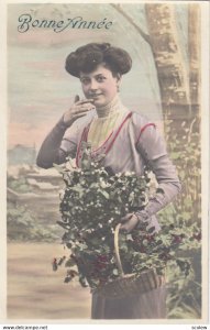 RP: Woman carrying basket of Holly & Mistletoe , Bonne Annee , 00-10s