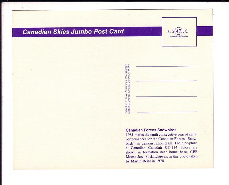 RCAF Snowbirds Airplanes, Canadian Skies Jumbo Postcard 5.5 X 7 inches Canada