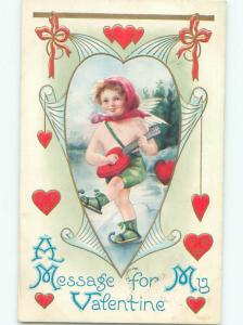 Pre-Linen skating valentine CUPID ON ICE SKATES PLAYS HEART SHAPED GUITAR J0528