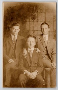 RPPC Three Dapper Young Men Worcester MA Studio Photo Postcard A43
