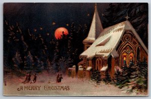 Christmas~Parishioners @ Church~Snow~Full Orange Moon~Gold Leaf Emb~1909 Germany
