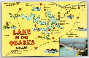 State Maps~Highway Map Lake of Ozarks Missouri & Bagnell Dam~Vintage Postcard