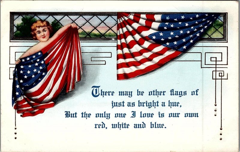 c1910 PATRIOTIC FLAGS RED WHITE & BLUE WHITNEY MADE EMBOSSED POSTCARD 26-230