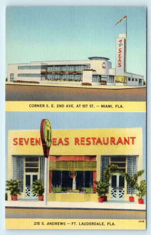 FT LAUDERDALE, FL Florida ~ SEVEN SEAS RESTAURANT c1940s Linen Roadside Postcard