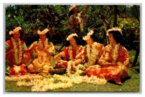 Vintage 1960's Postcard Beautiful Women Making Flower Leis in Hawaii