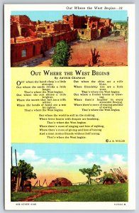 Western~Out Where The West Begins Poem~Pueblo Scene~American Art Vtg Postcard