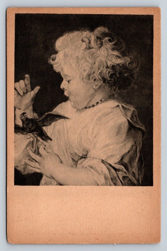 Small Girl with Blonde Curls Holds Bird Museum in Berlin Vintage Postcard 1259