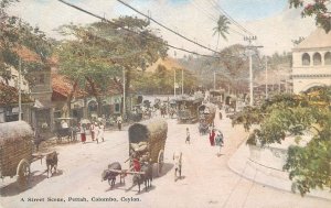 A street scene Pettah Colombo Ceylon surface public transport tramway oxen carts 