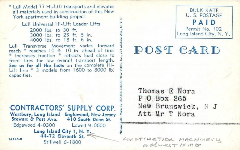 Postcard 1950s New  York Long Island Construction machine advertising NY24-1233