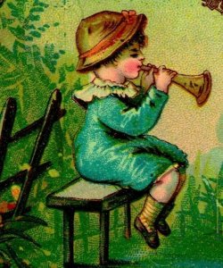 1880's Emil Seelig's Kaffee Victorian Trade Card - Boy in Blue With Bugle M10