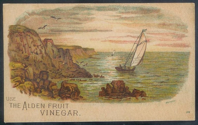 VICTORIAN TRADE CARD Alden Fruit Vinegar Sailboat Approaching Rock Cliff