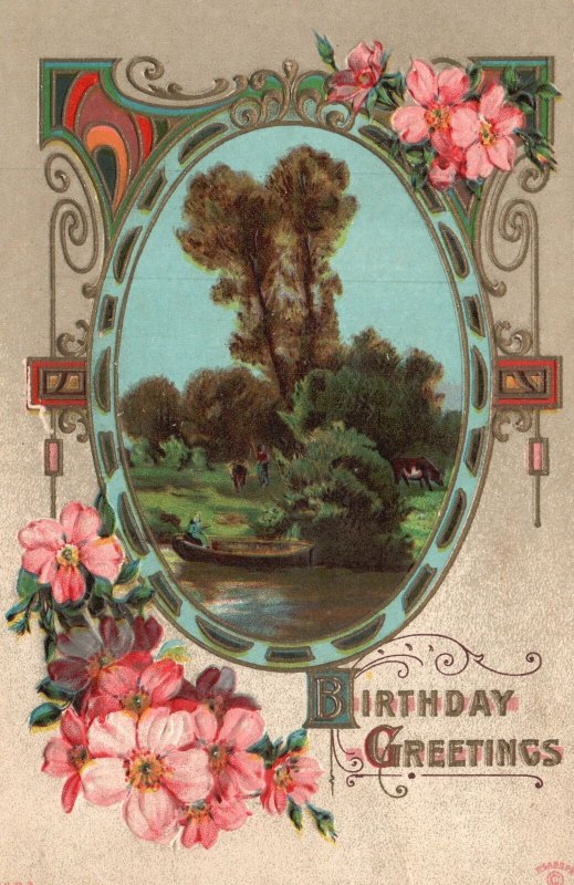 Vintage Postcard 1910's A Happy Birthday Greetings Card Boat Lake Nature Flowers 