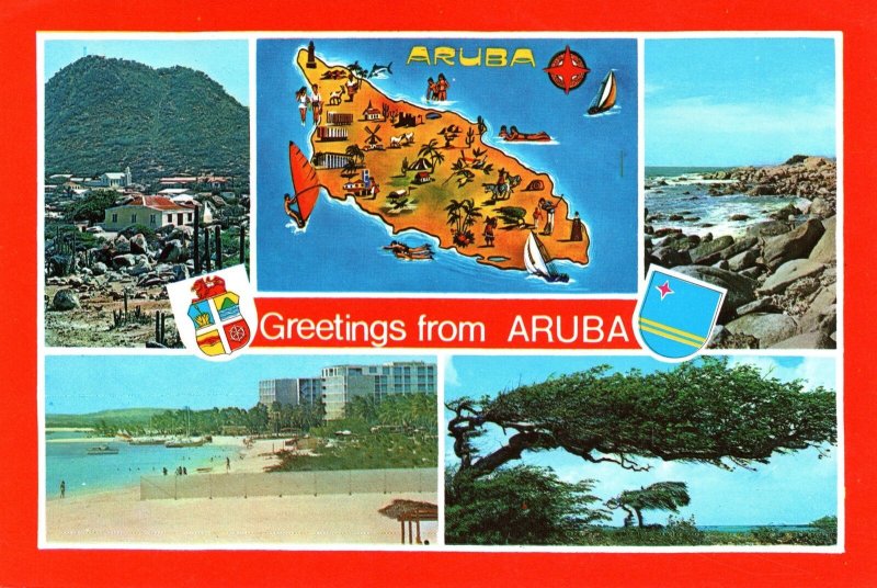 VINTAGE CONTINENTAL SIZE POSTCARD MULTIPLE IMAGES GREETINGS FROM ARUBA ANTILLES