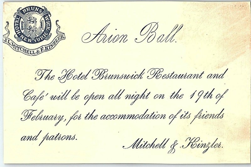 1880's Hotel Brunswick, Arion Ball, NY Victorian Trade Card P135