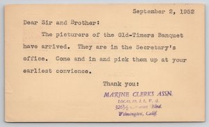 Cartão postal Wilmington CA Marine Clerks Assn 1952 to Carroll Family Long Beach M35-