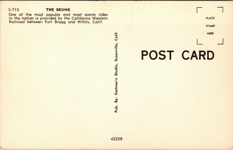 Vtg 1950s The Skunk California Western Railroad Fort Bragg to Willis CA Postcard