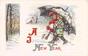 Children Large Snow Umbrella Joyous Happy New Year Greetings 1910c postcard