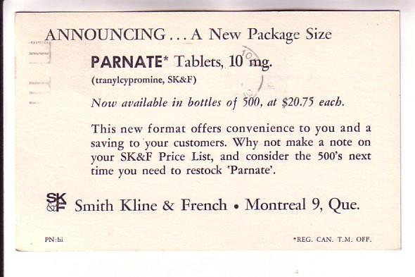 Canada Postal Stationery Elizabeth II 3 C, Parnate Tablets, Drug, Smith Kline...